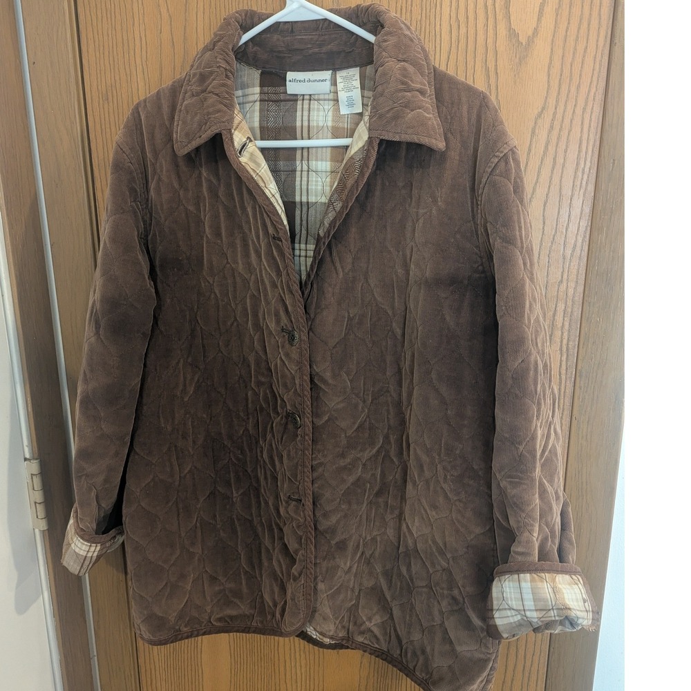 Alfred Dunner Brown Quilted Corduroy Jacket Plaid Lined Button Front Women's 12